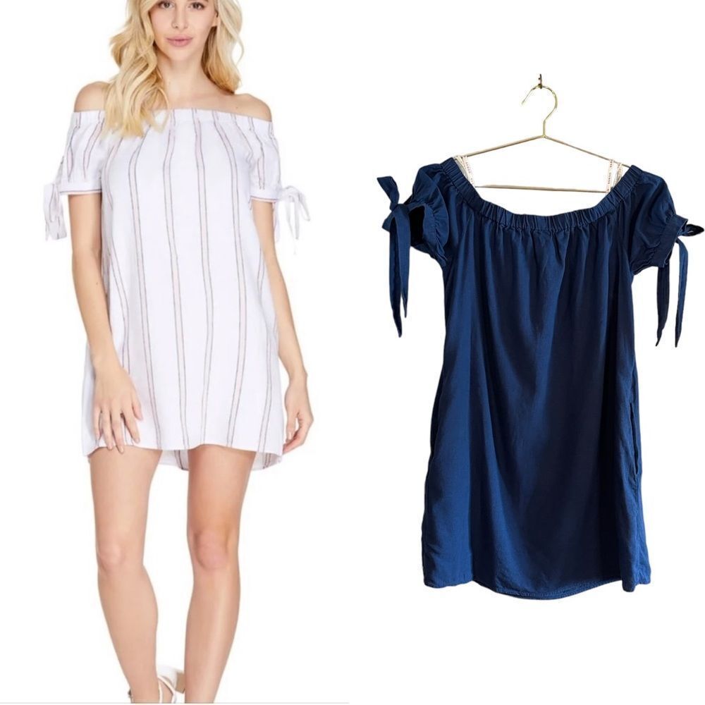 Guess Navy Blue Linen Blend Tie Puff Sleeve Mini Dress | SZ M